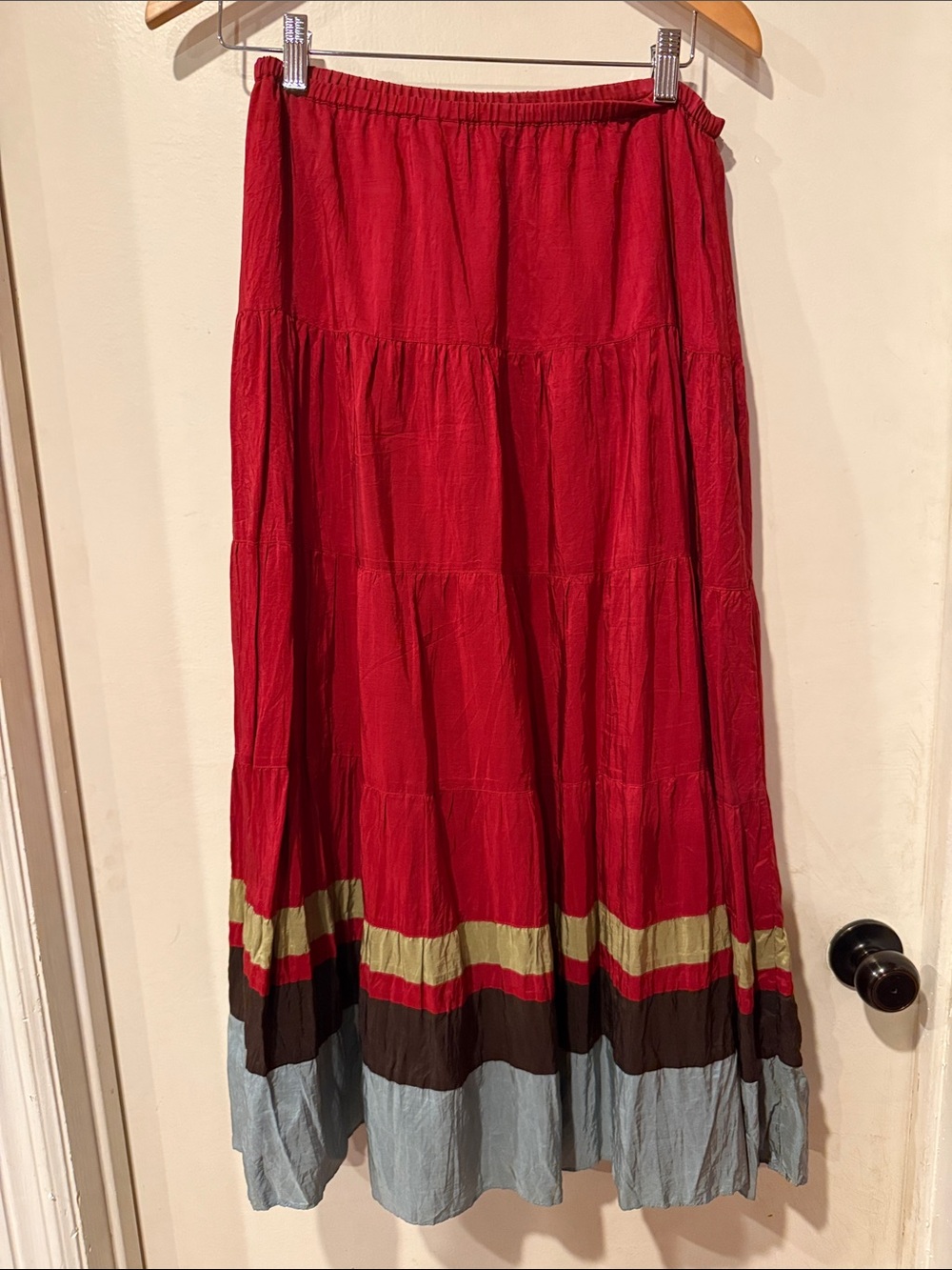 Boden Bold Red Silk Tiered Maxi Skirt with Multi-Color Hem